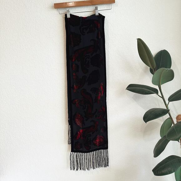 Velvet Burnout Scarf Fringe Whimsygoth Witchy Boho Hippie Damask Paisley 69X10 - Picture 2 of 4